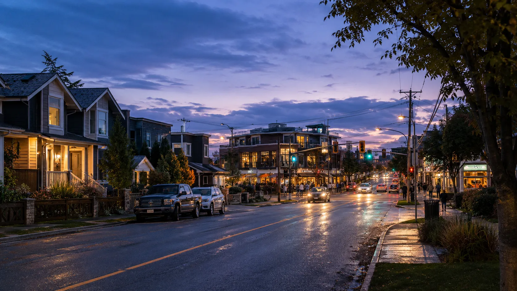 Evening view of Langley City homes and local commercial corridor