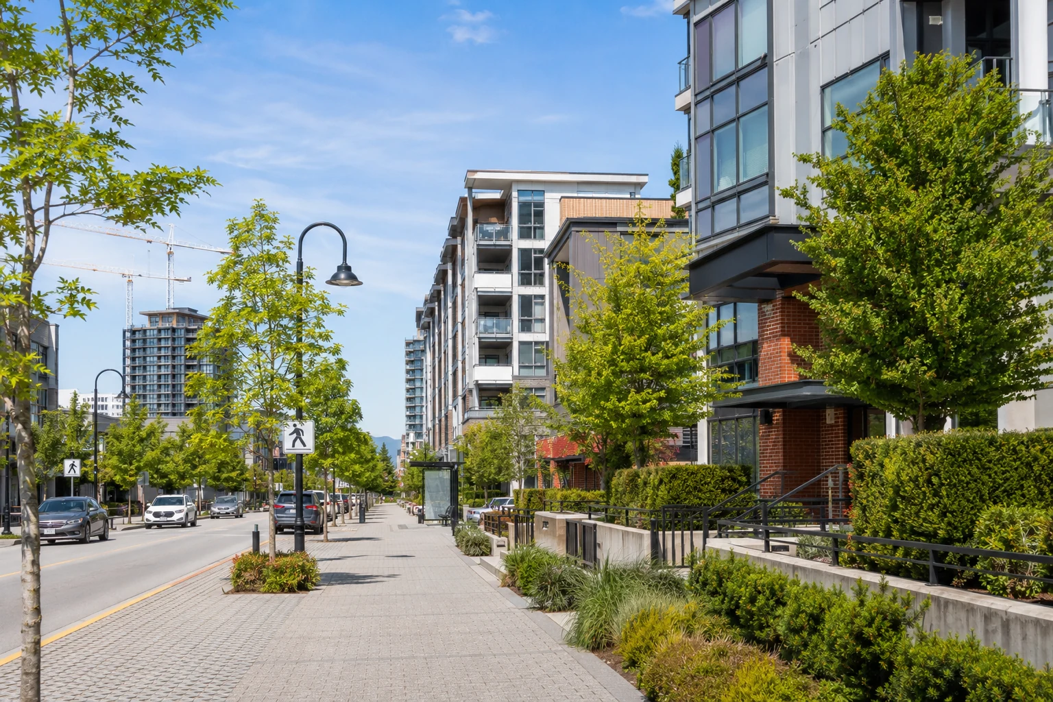 Walkable streetscape and mixed housing in Langley City near Fraser Highway